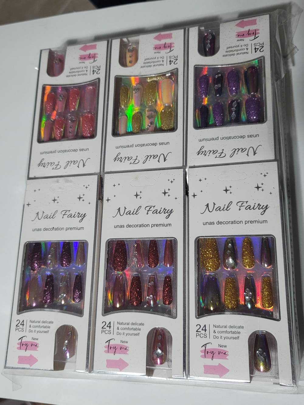 Bundle Of 6. Press-On Nails Pack - Purple & Gold Mix